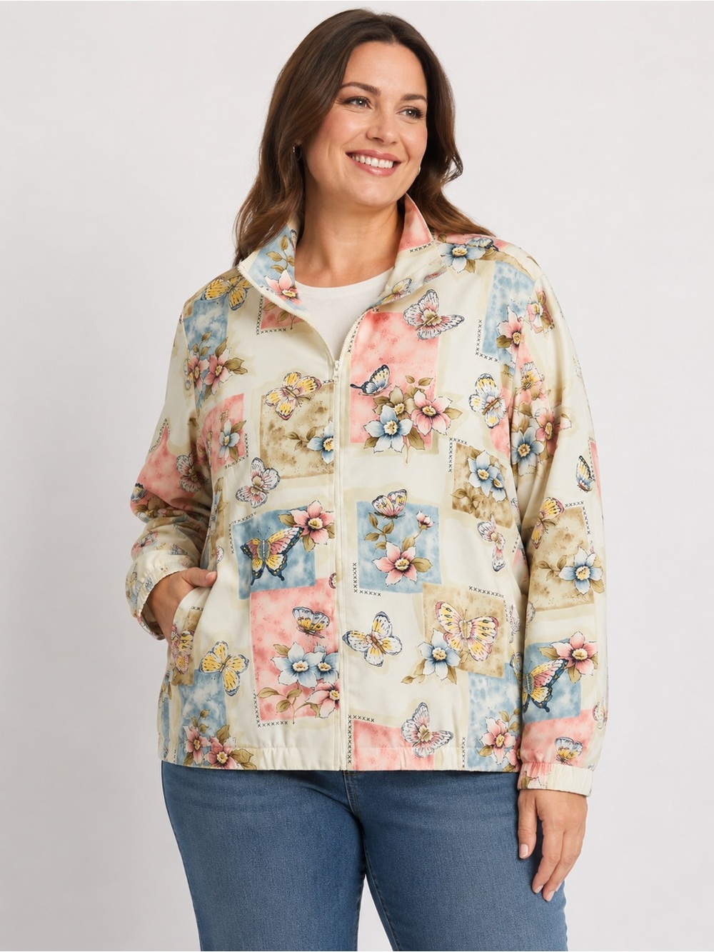 Alfred Dunner Vintage satin Cream Floral & Butterfly Bomber Jacket 14